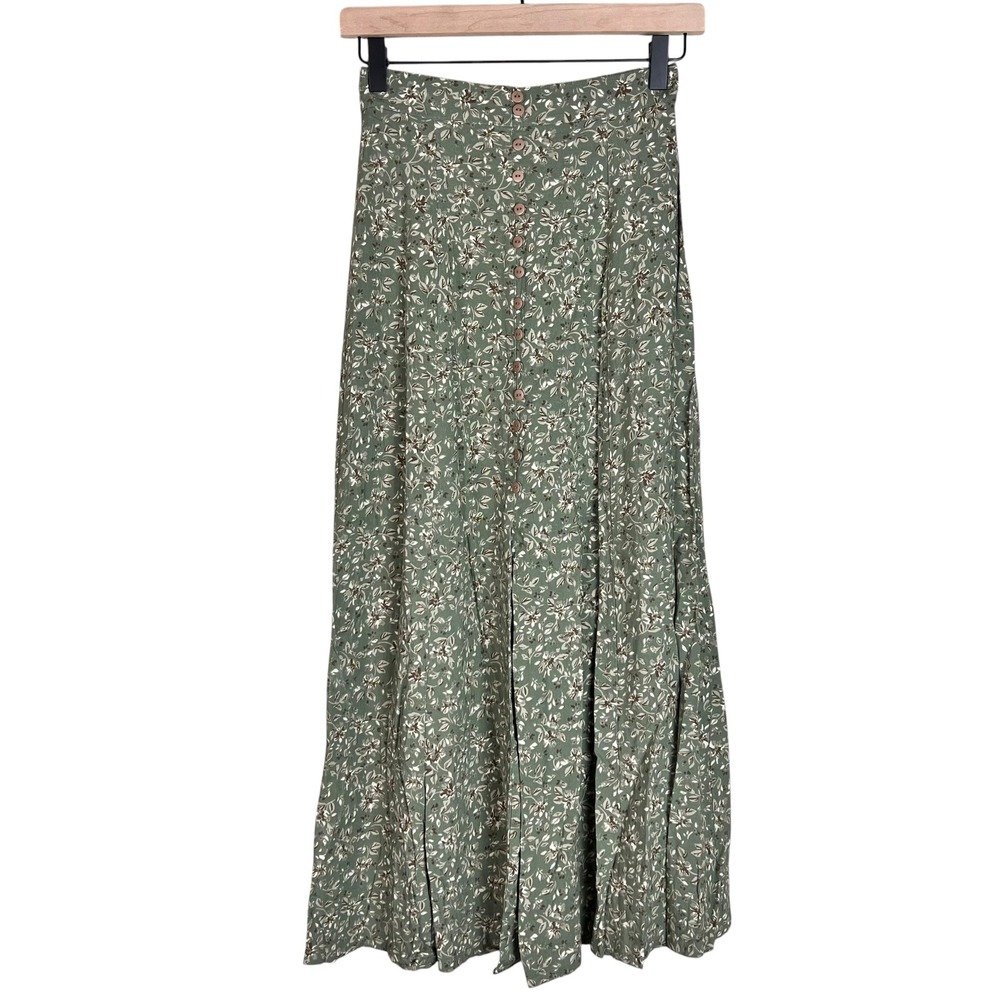 Vintage 90s Express Floral Maxi Skirt Green Rayon Button Front High Waist Small